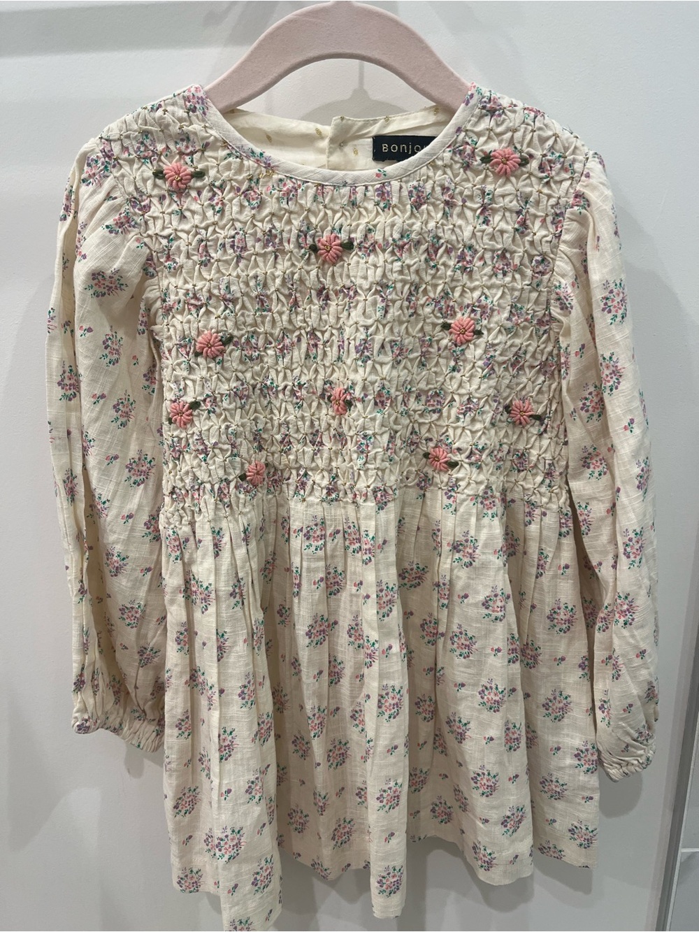 Smocked Floral long sleeve top in Cream and Pink